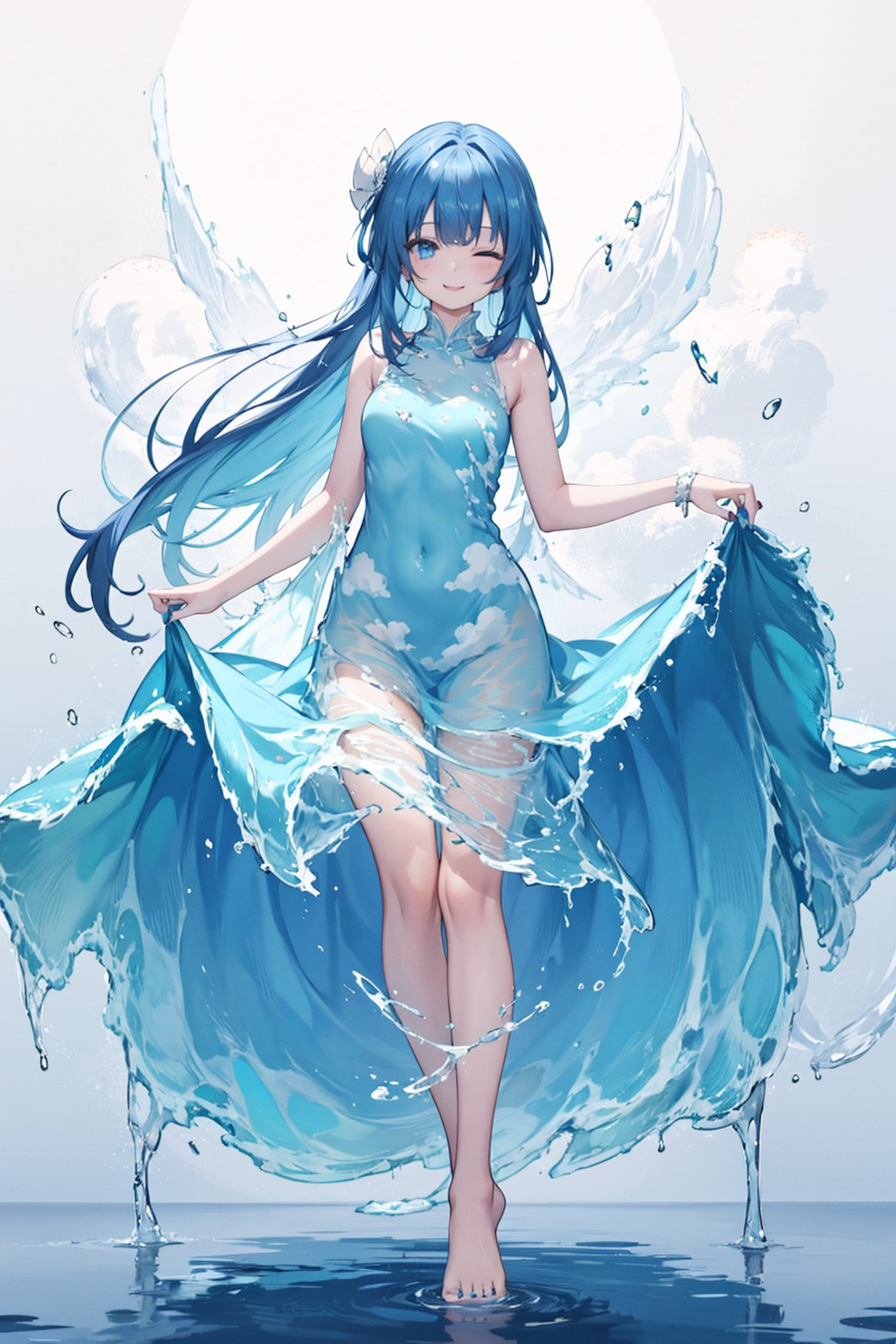 05755-4147613171-1girl, solo, ((liquid clothes)), ,_liquid clothes, blue theme, 1girl, solo, long hair, dress, barefoot, blue hair, one eye close.png